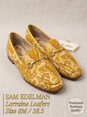Sam Edelman Lorraine Bit Loafers Yellow Floral Jacquard Size 8M 38.5